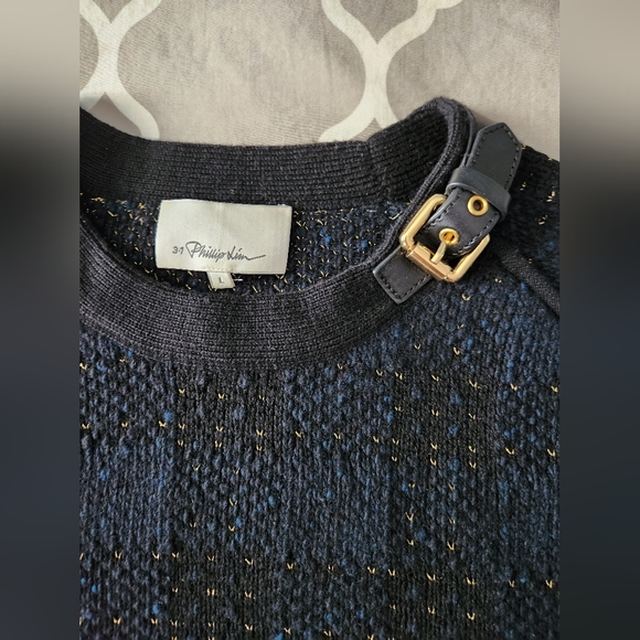 *3.1 Phillip Lim Navy and Gold Wool/Cashmere Blend Sweater Women's Large - Picture 5 of 8
